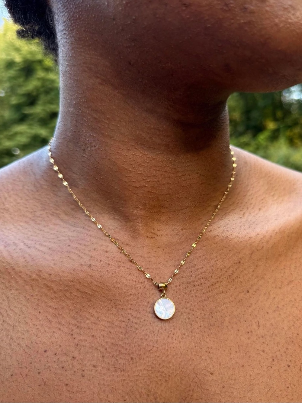 Gold Chain Necklace with Mother-of-Pearl Disc Pendant